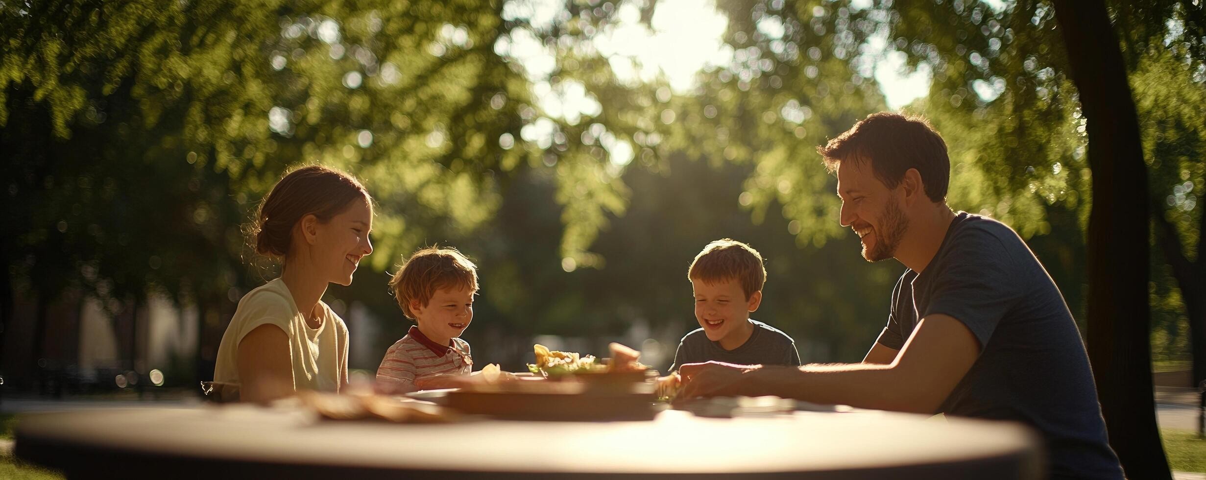 A family outdoors in warm sunlight